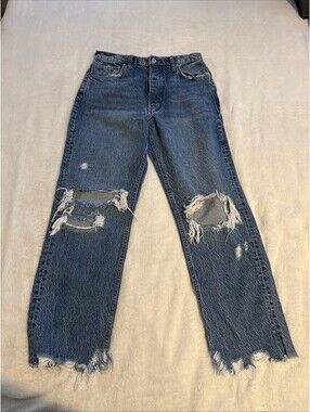 Free People Jeans boyfriend Tapered Baggy Mid Cent Blue Fringe Womens SZ 27(2286